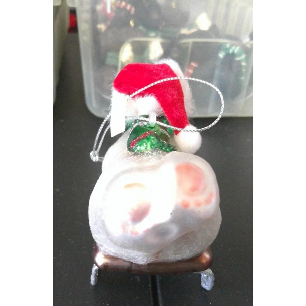White Polar Bear Green‎ Scarf Sledding Glass Christmas Tree Holiday Ornament